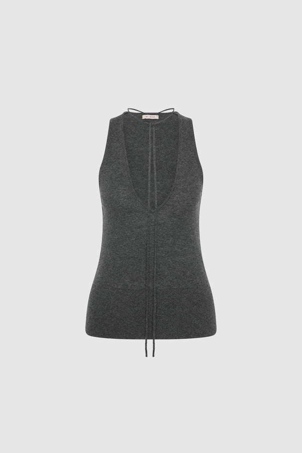 Plunge Rouleau Knit Tie Top - Iron Melange