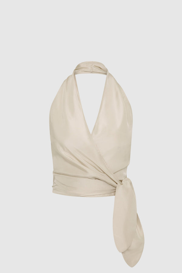 Silk Halter Wrap Top - Soft Ash