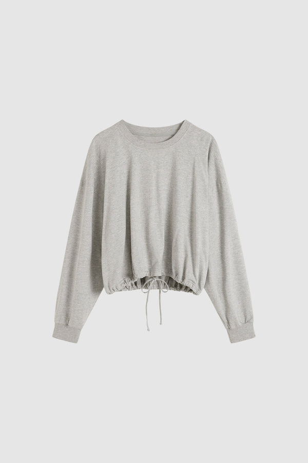 Drawstring Long Sleeve Top - Light Grey Marle