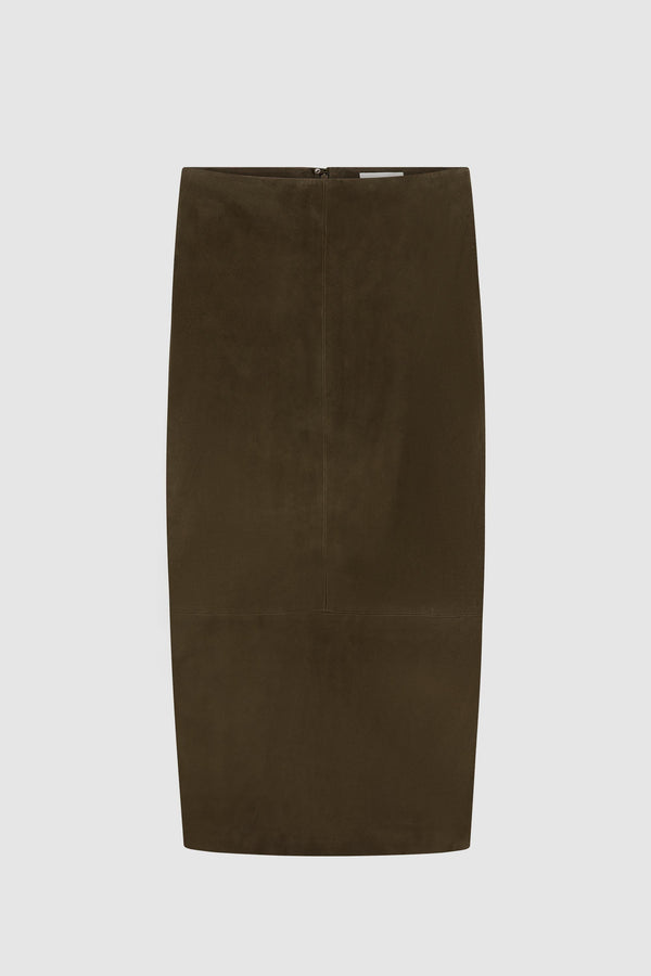 Suede Column Skirt - Khaki
