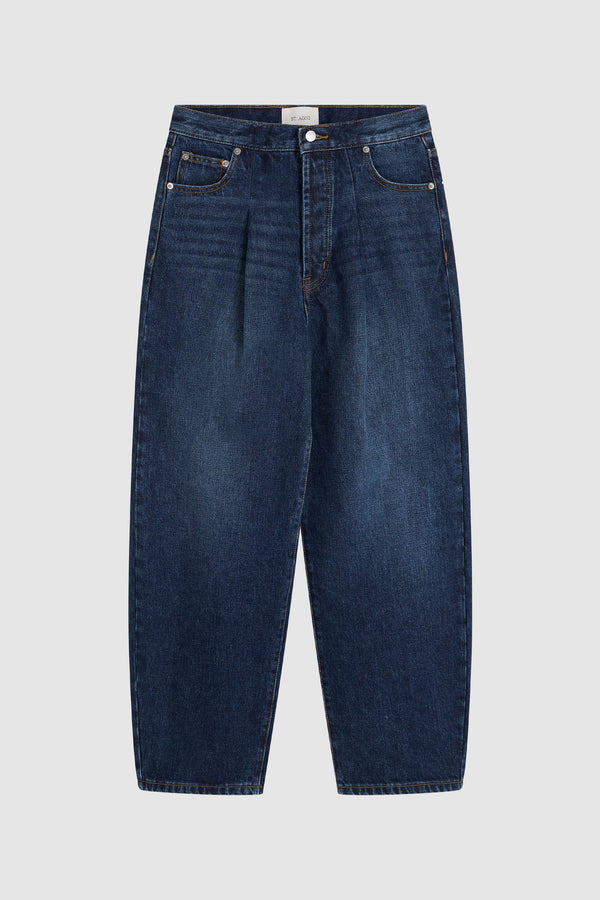 Mid Rise Pleat Barrel Jeans - Dark Indigo