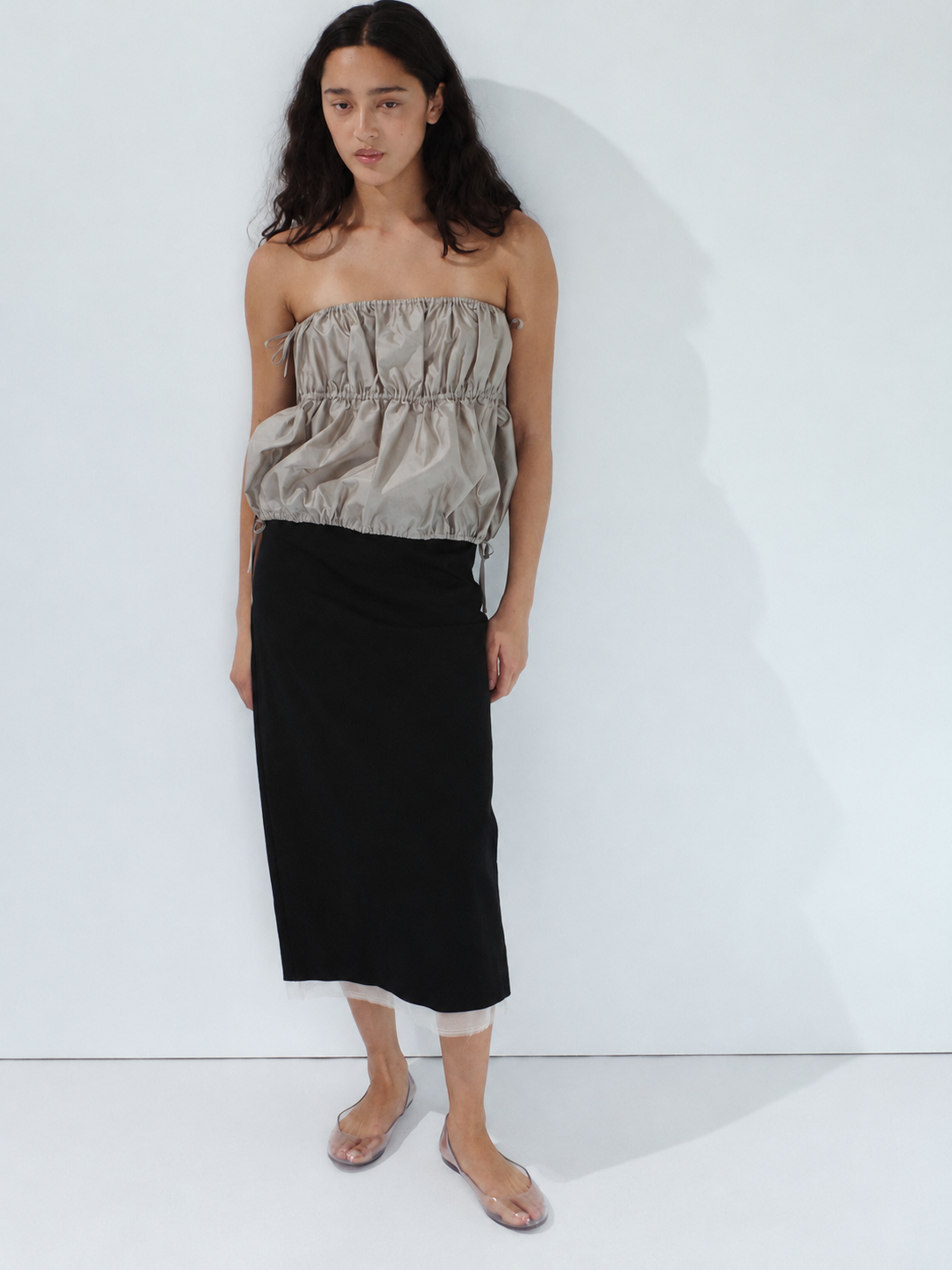 Paper Taffeta Strapless Drawstring Top - Fog