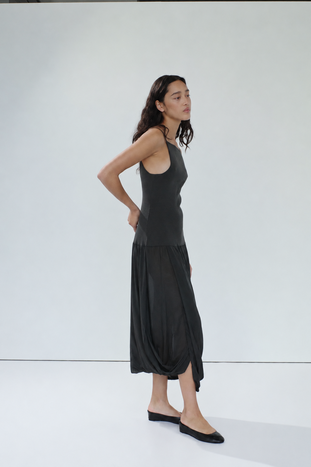 Knit Bodice Sheer Drape Dress - Magnet