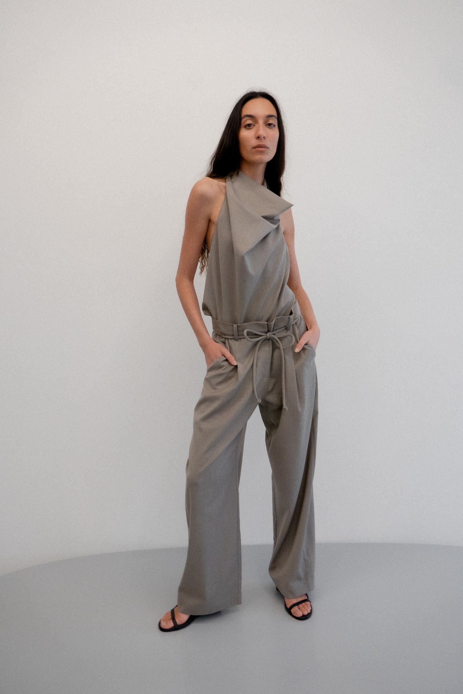 Wool Cowl Backless Top - Light Taupe