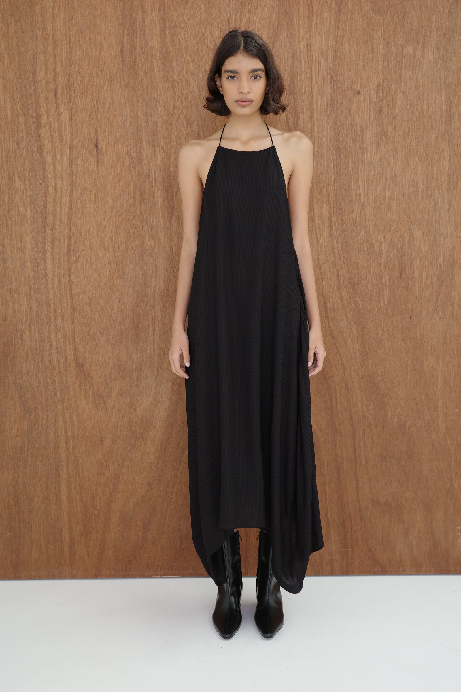 Textured Weave Halter Dress - Black
