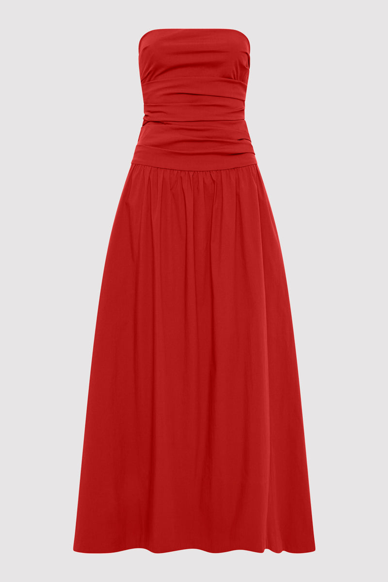 Gathered Strapless Tie Back Dress - Rosso
