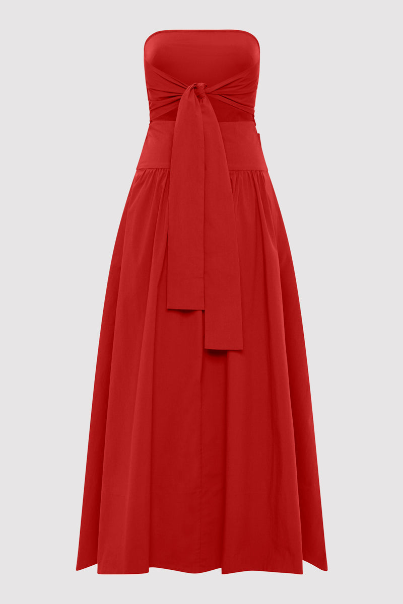 Gathered Strapless Tie Back Dress - Rosso