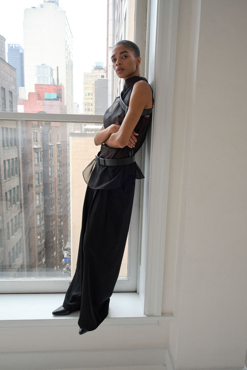 Sheer Silk Leather Trim Top - Black