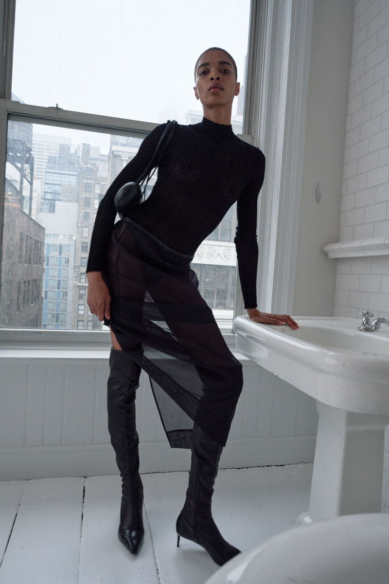 Sheer Leather Trim Skirt - Black