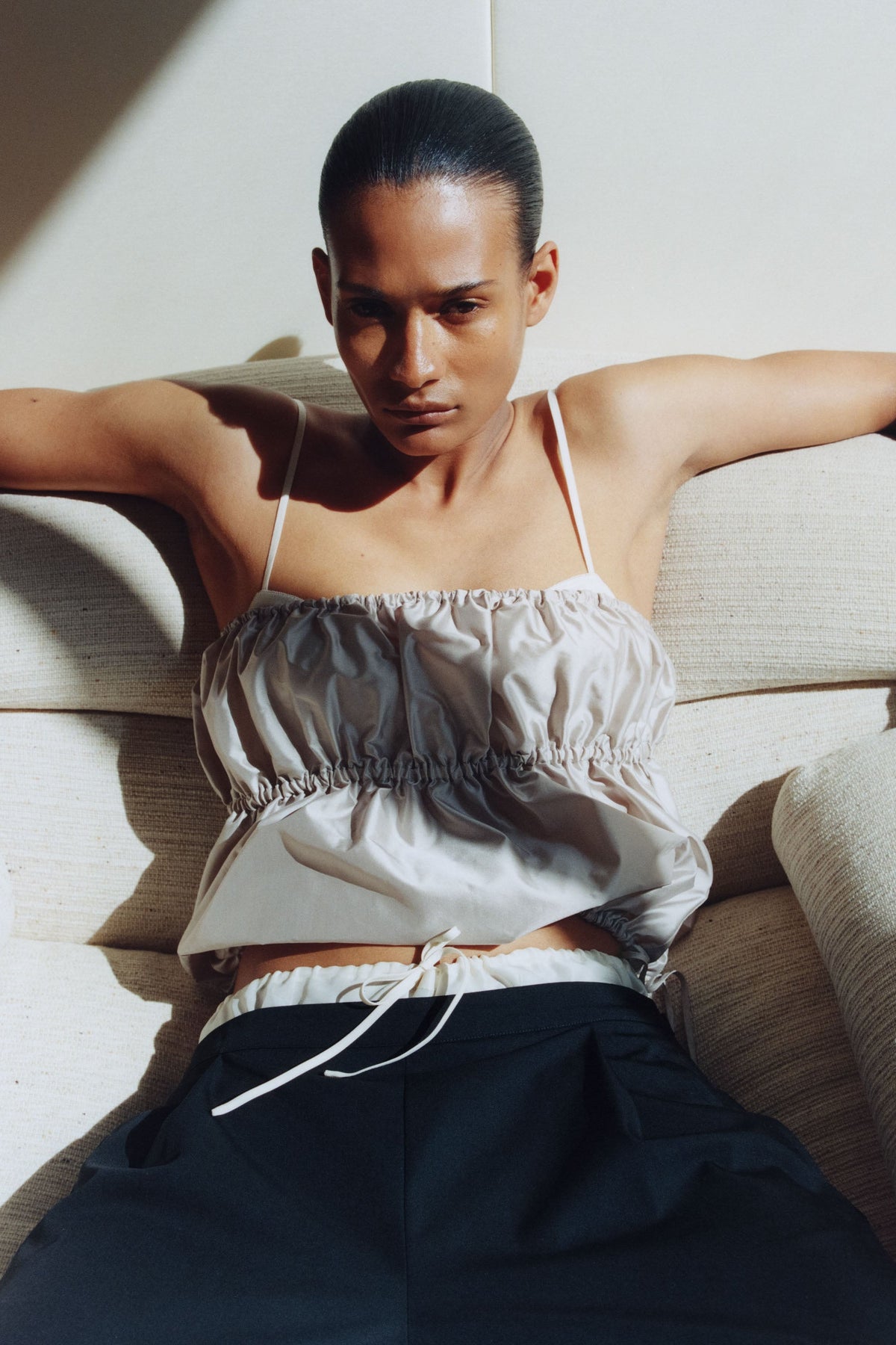 Paper Taffeta Strapless Drawstring Top - Fog
