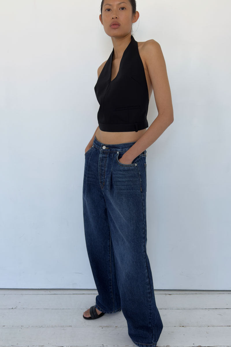 Mid Rise Pleat Barrel Jeans - Dark Indigo