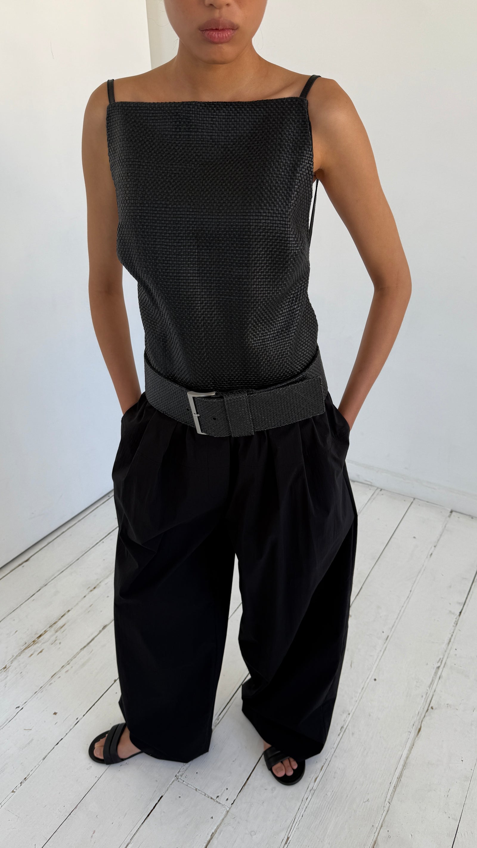 Woven Leather Square Neck Top - Black