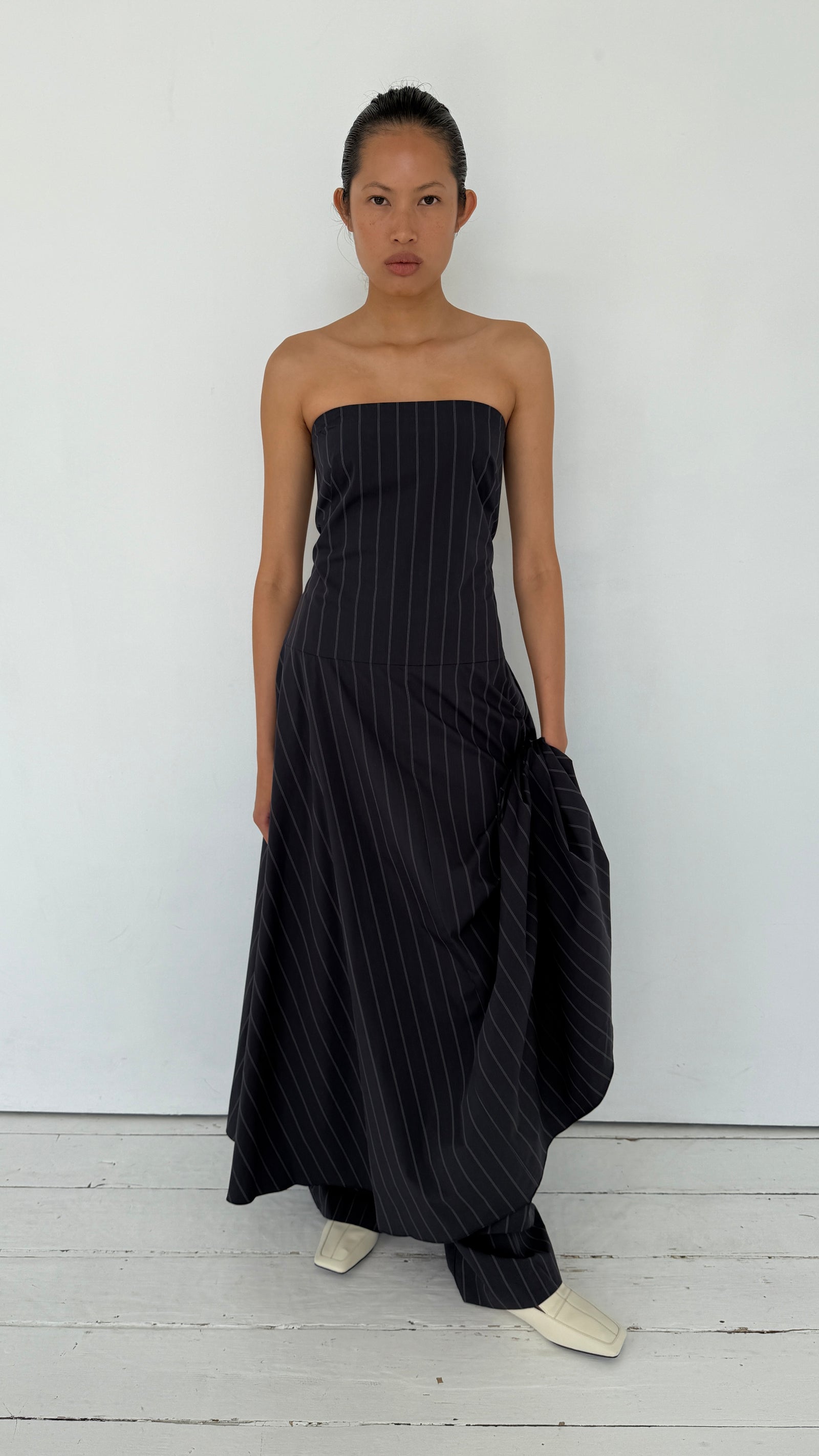 Strapless Rouleau Dress - Ink Stripe