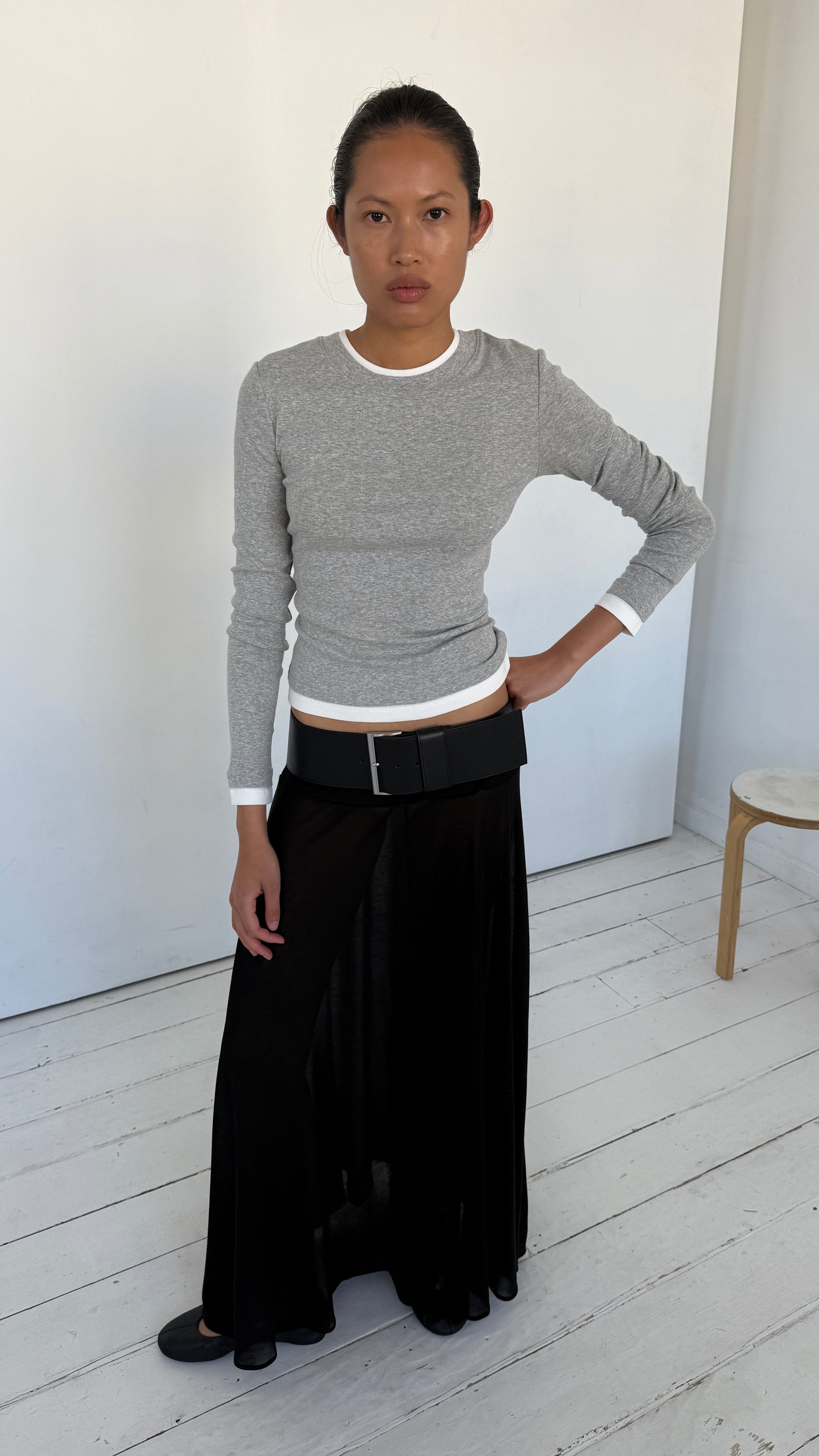 Organic Cotton Layered Long Sleeve Top - Grey Marle