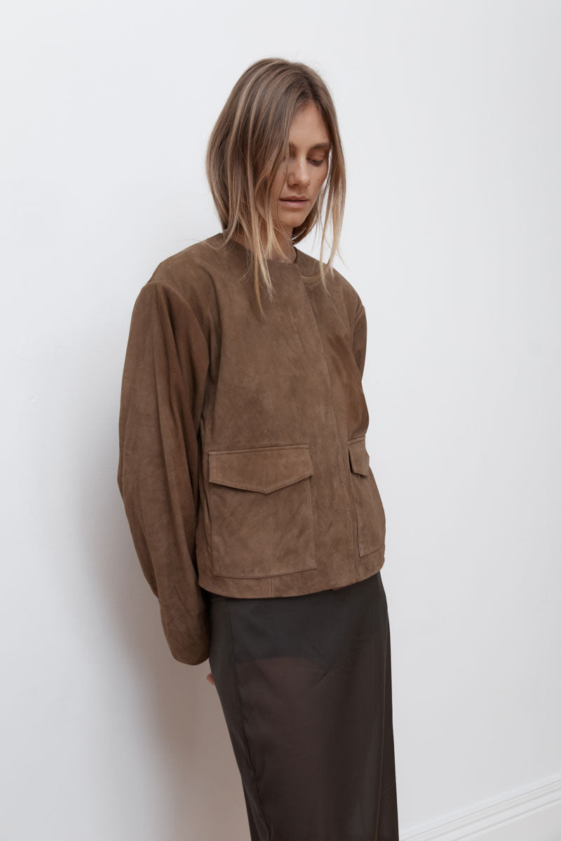Suede Utility Cocoon Bomber - Toffee