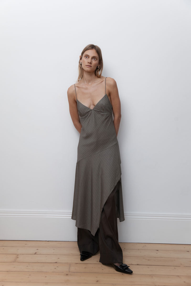 Asymmetric Slip Dress - Khaki Pinstripe