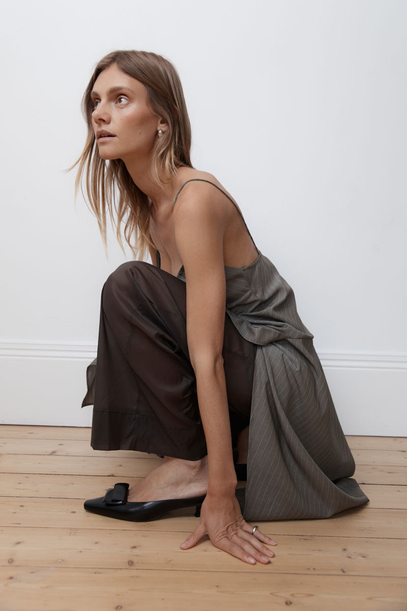 Asymmetric Slip Dress - Khaki Pinstripe