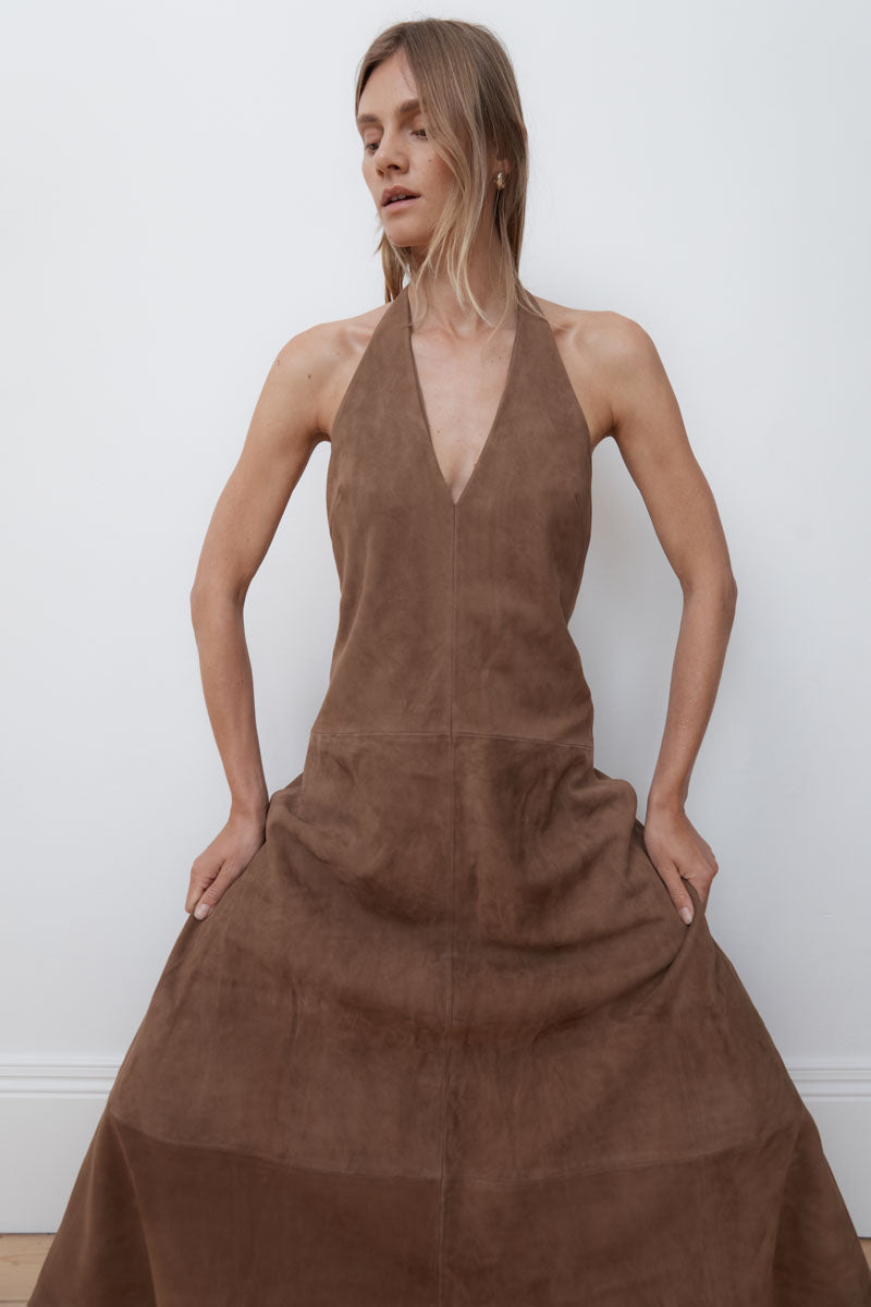Suede Halter Plunge Dress - Toffee