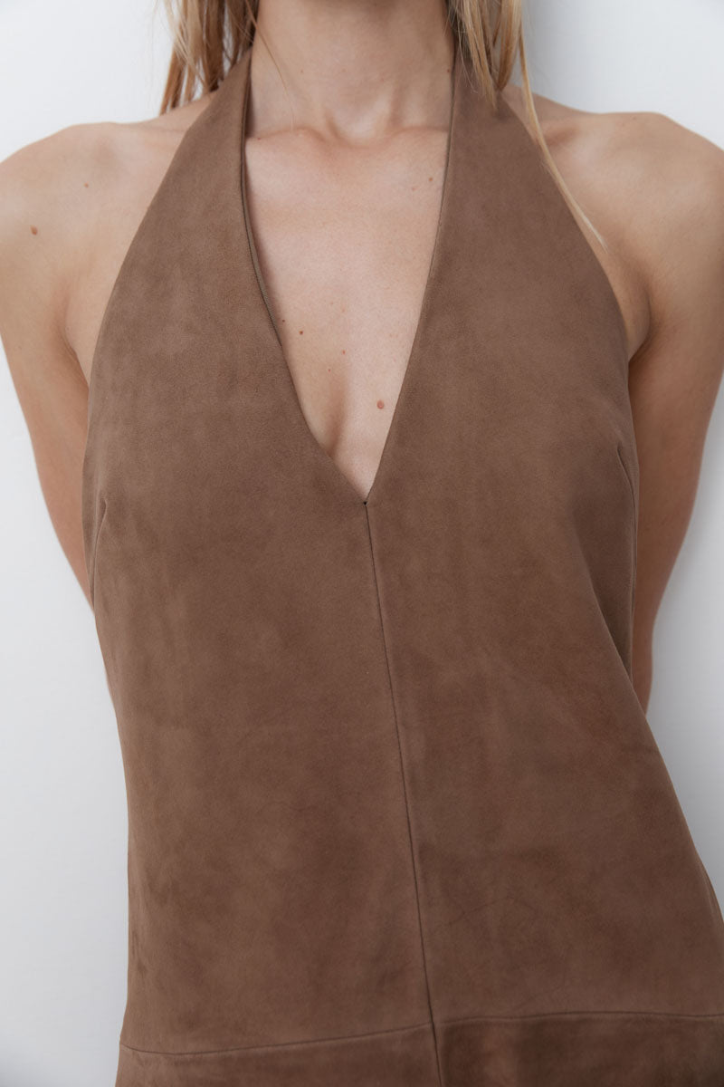 St. Agni | Suede Halter Plunge Dress - Toffee St. Agni | Suede Halter Plunge Dress - Toffee