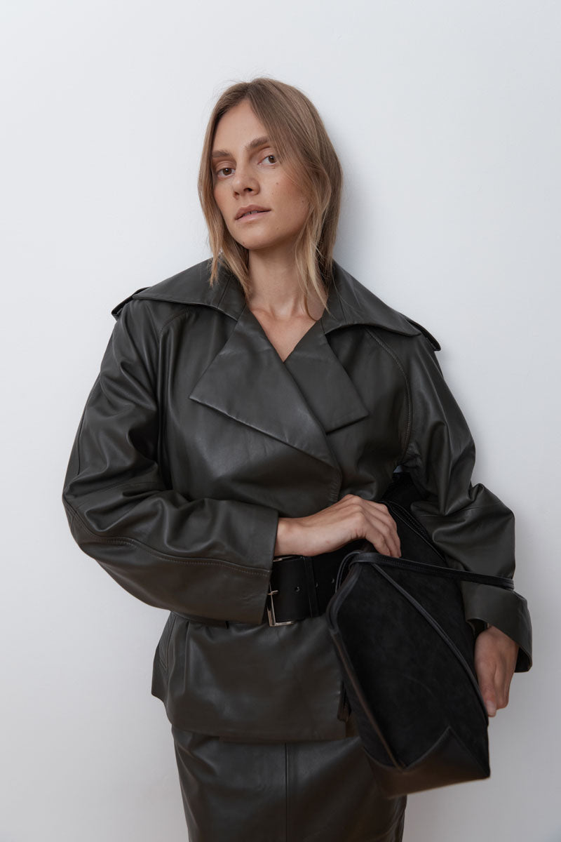 Cropped Leather Trench - Khaki