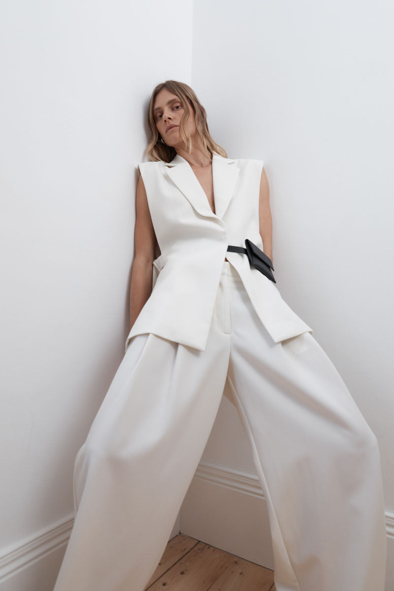 Twill Wide Leg Pleat Pants - Off White