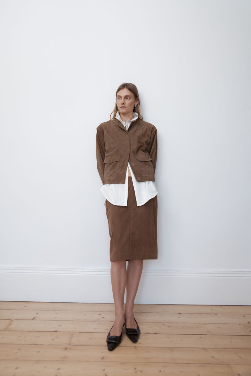 Suede Utility Cocoon Bomber - Toffee