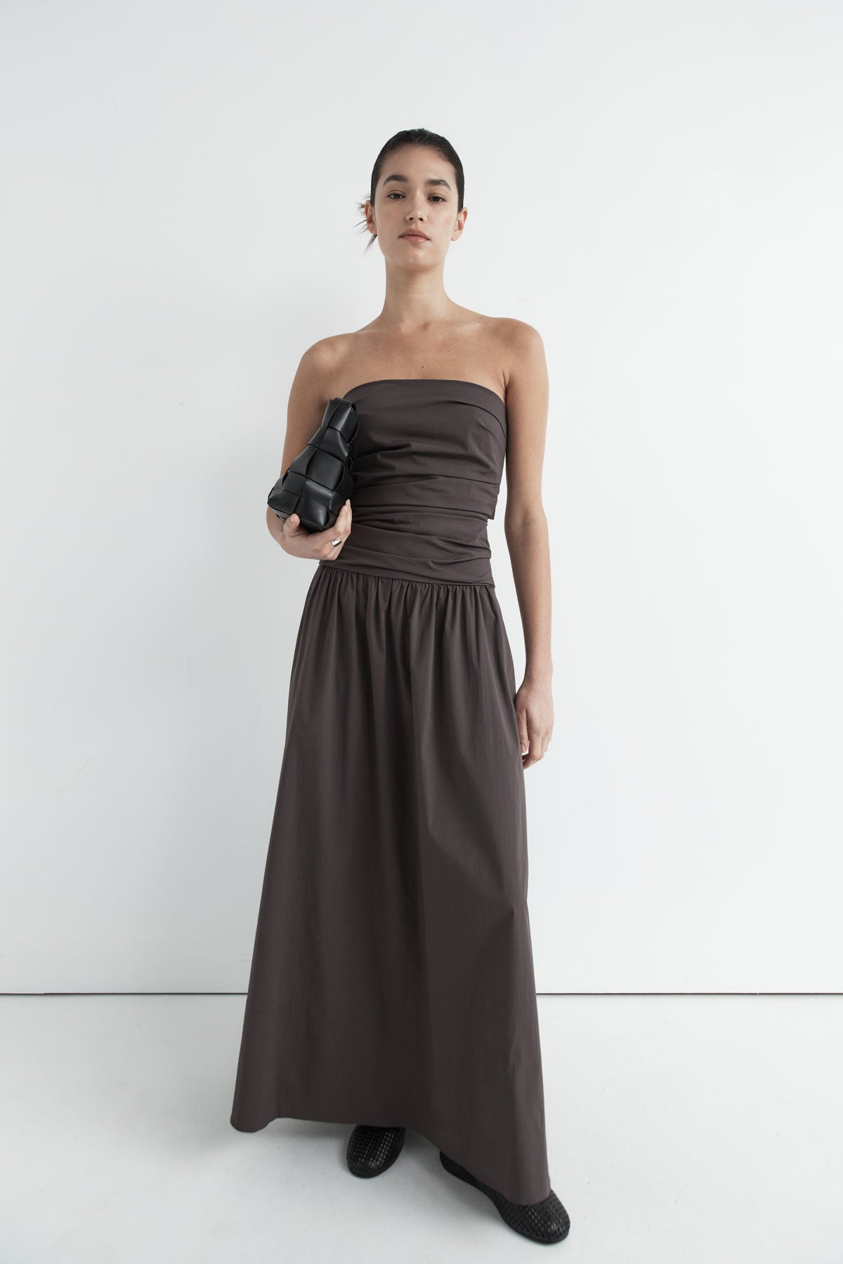 Gathered Strapless Tie Back Dress - Chocolate Plum