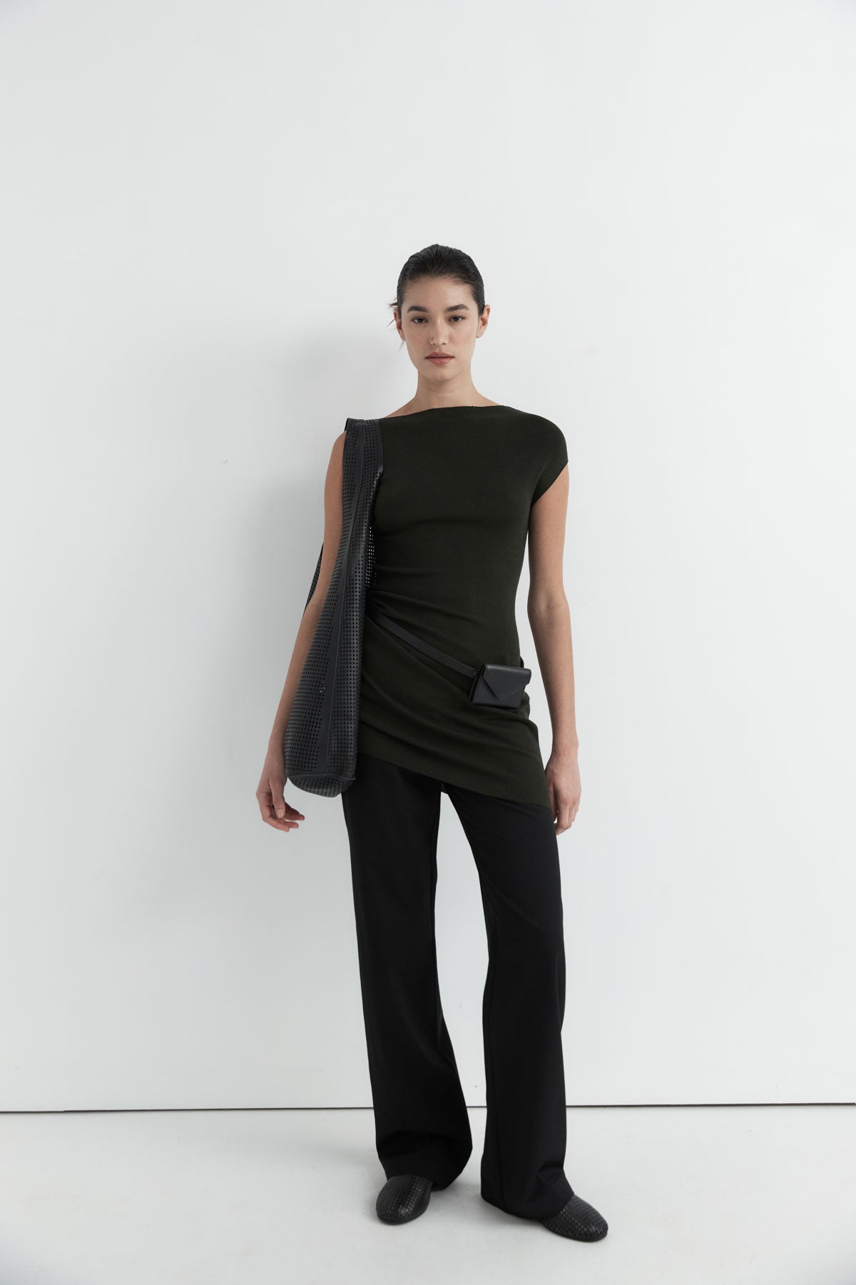 Asymmetric Knit Mini Dress - Basil