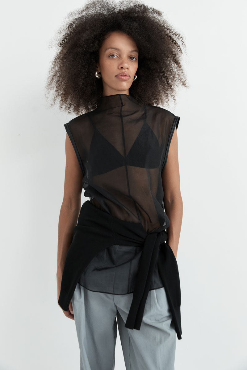 Sheer Silk Leather Trim Top - Black