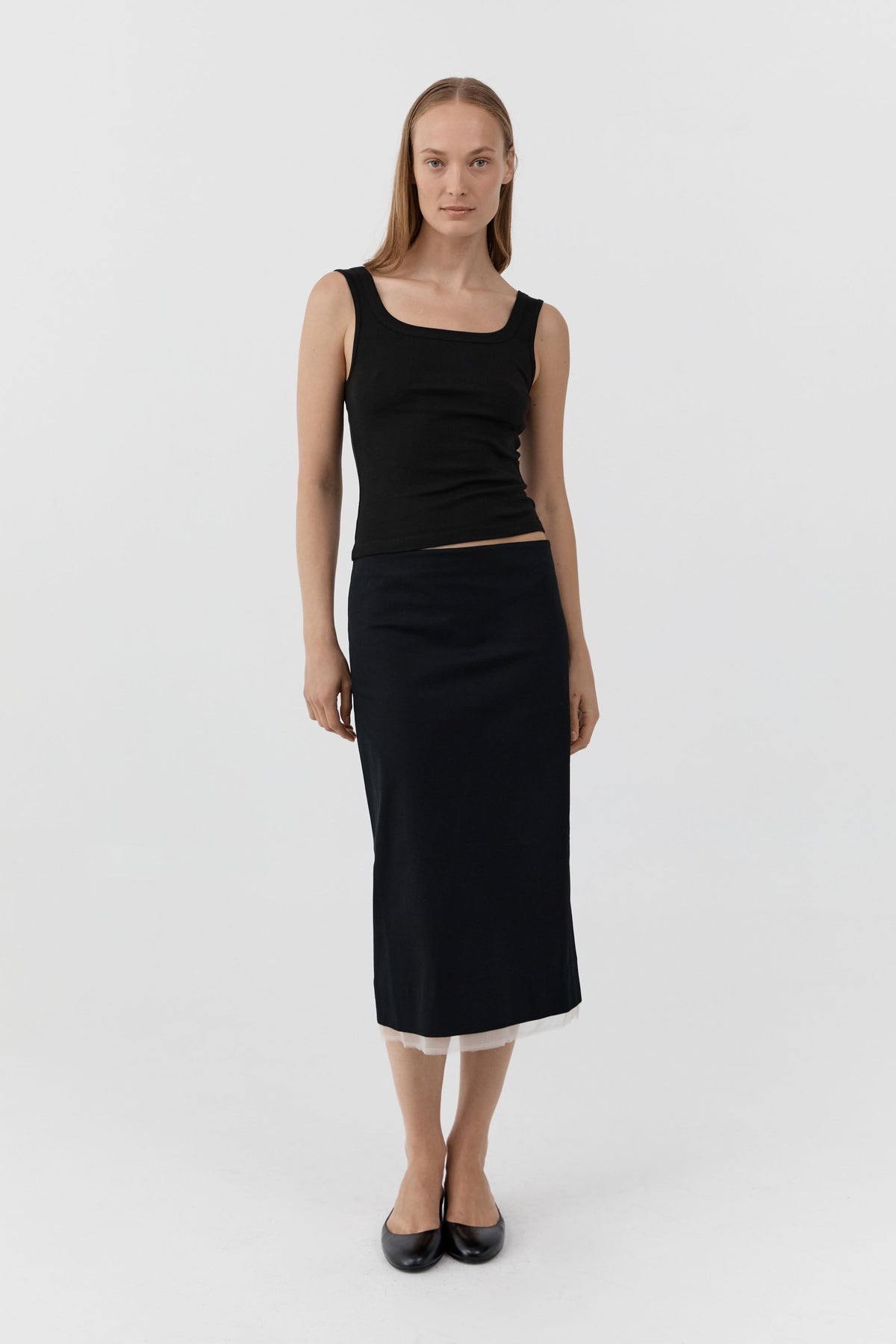 Compact Cotton Layered Column Skirt - Black
