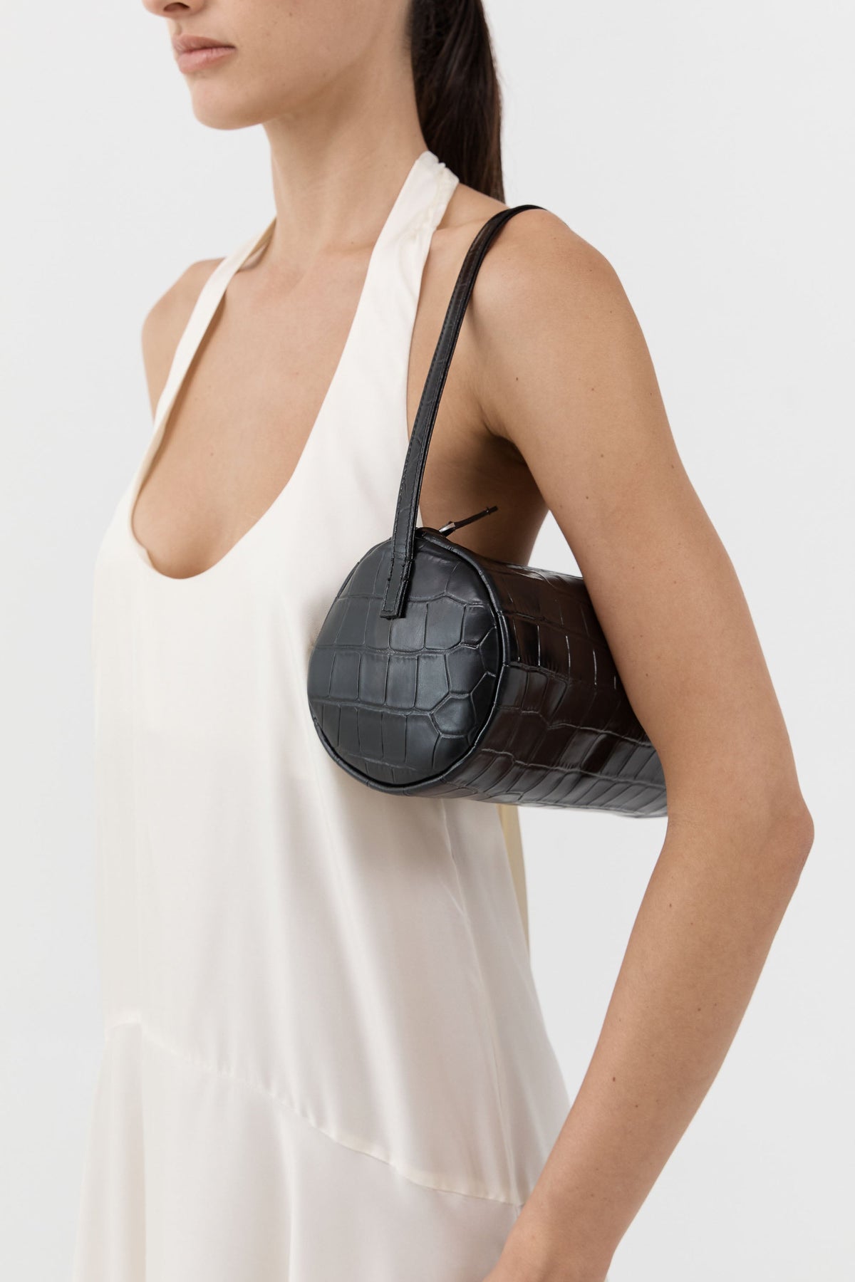 Connolo Shoulder Bag - Croc Embossed Black