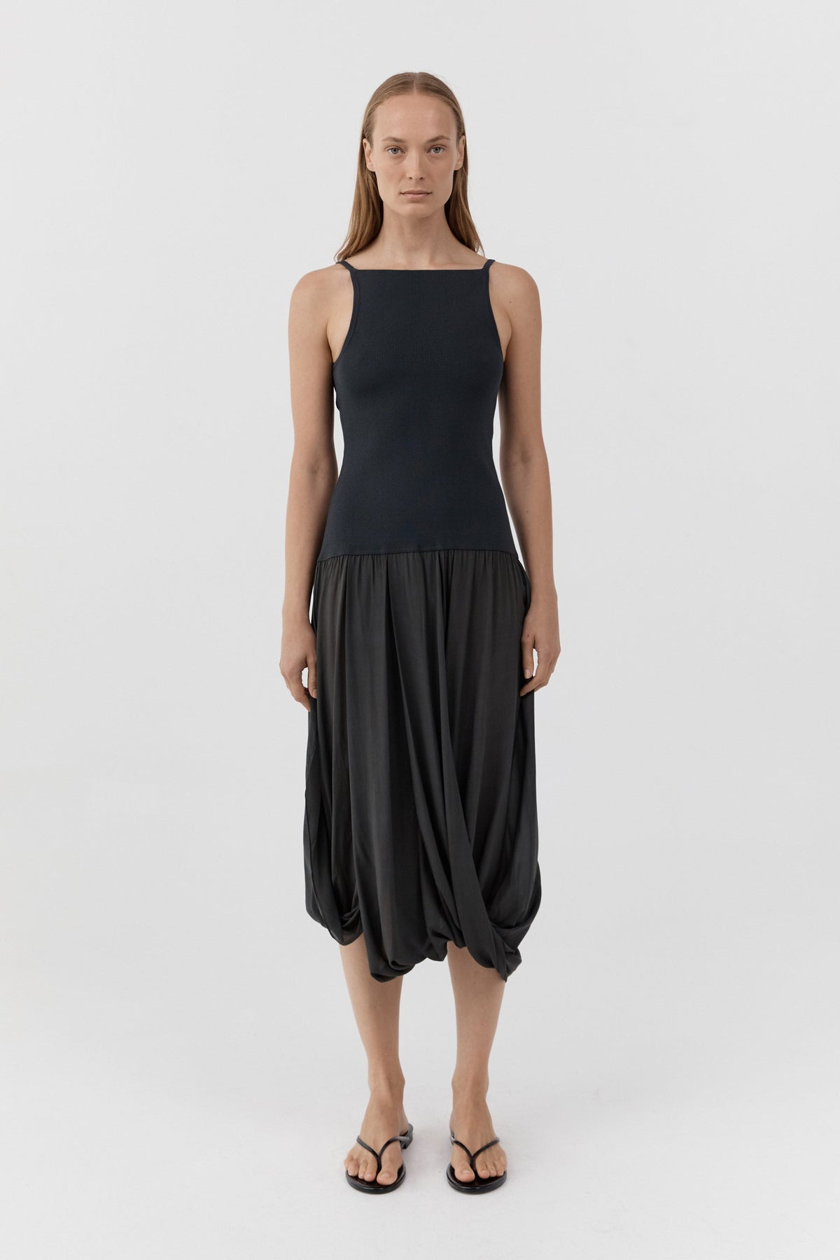 Knit Bodice Sheer Drape Dress - Magnet