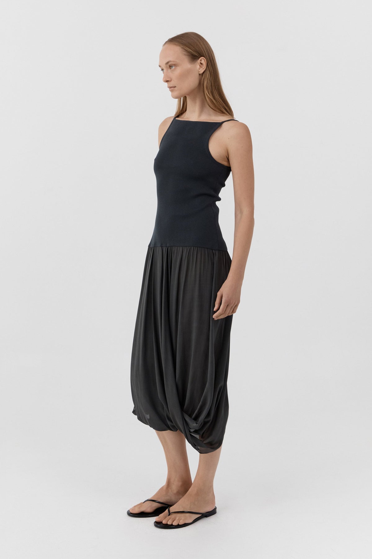 Knit Bodice Sheer Drape Dress - Magnet