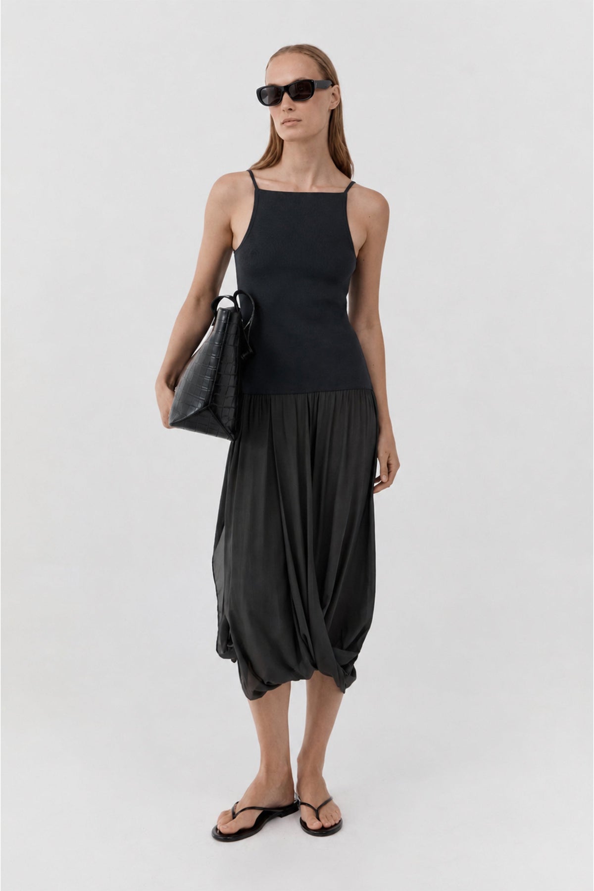 Knit Bodice Sheer Drape Dress - Magnet