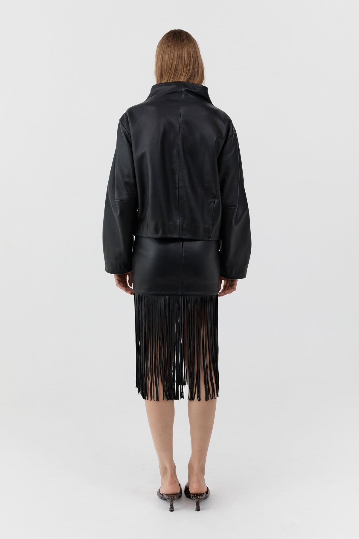 Leather Cocoon Funnel Neck Jacket - Black