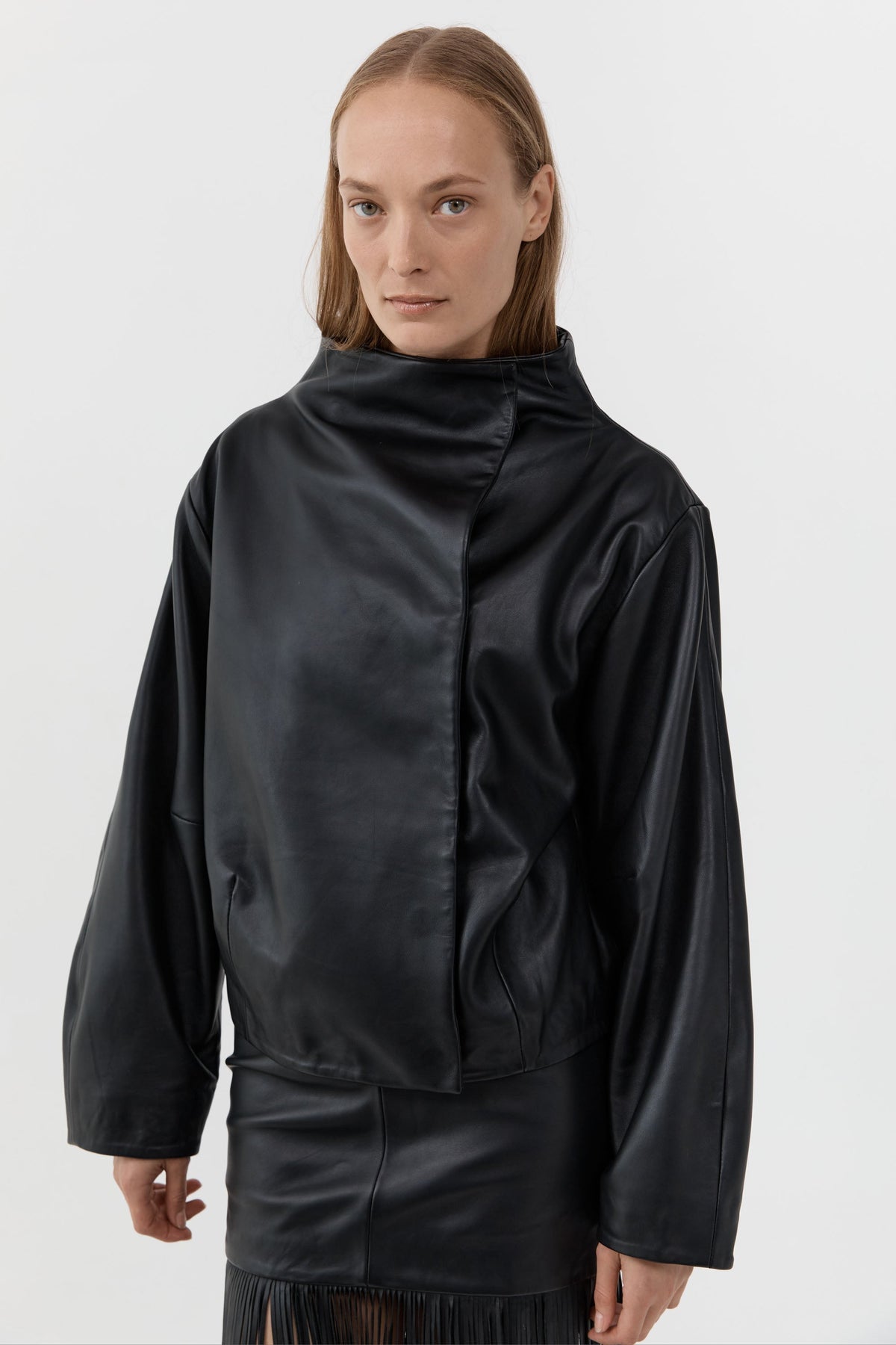 Leather Cocoon Funnel Neck Jacket - Black