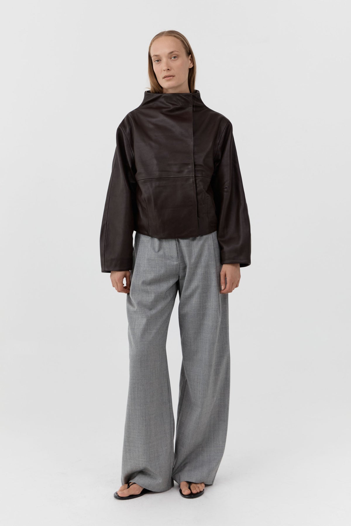 Leather Cocoon Funnel Neck Jacket - Chocolate