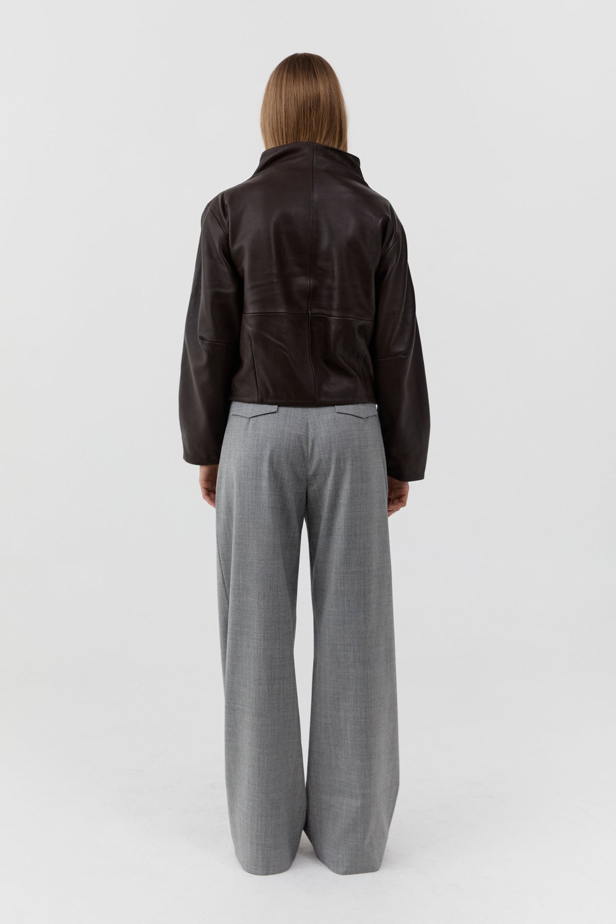 Leather Cocoon Funnel Neck Jacket - Chocolate