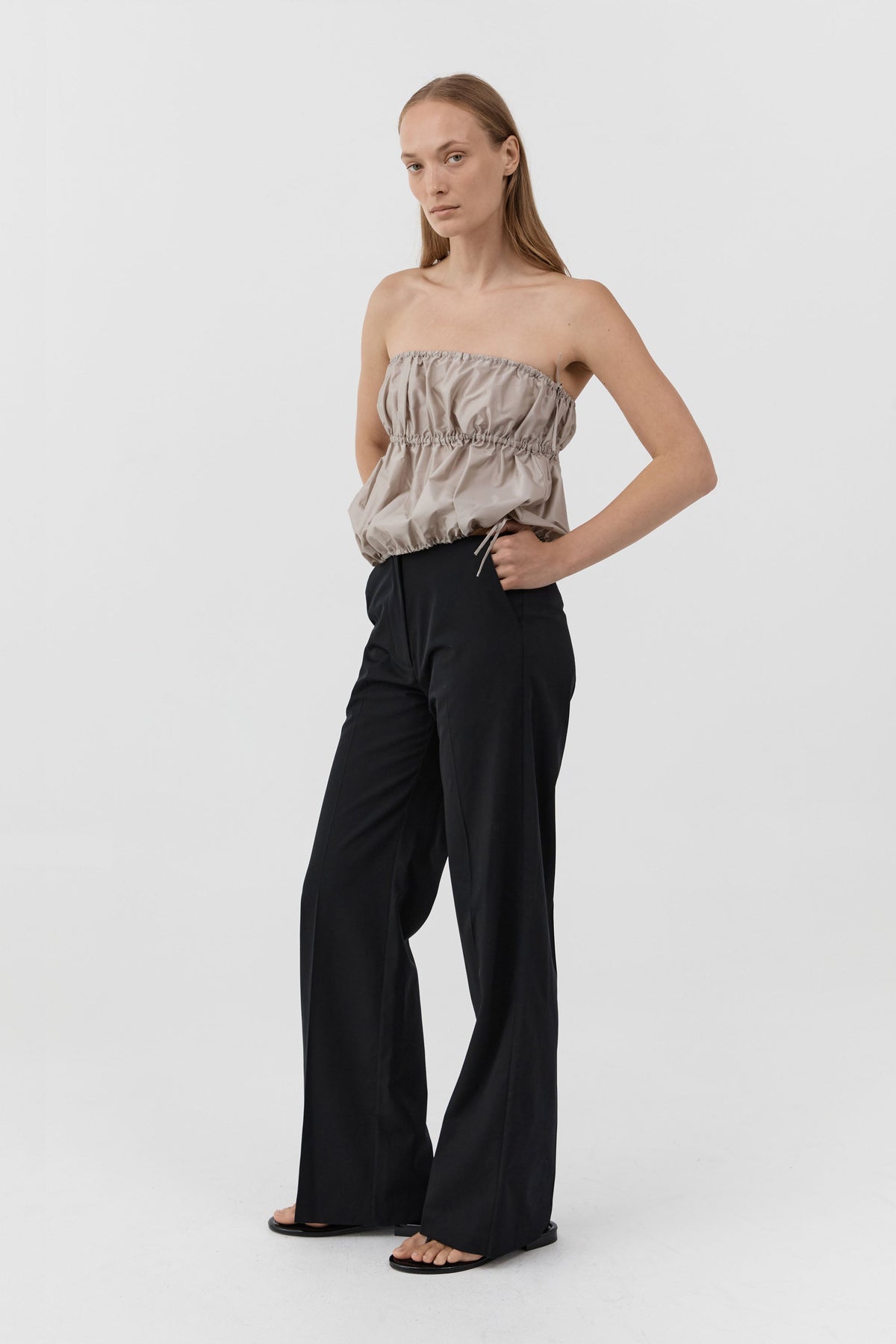 Paper Taffeta Strapless Drawstring Top - Fog