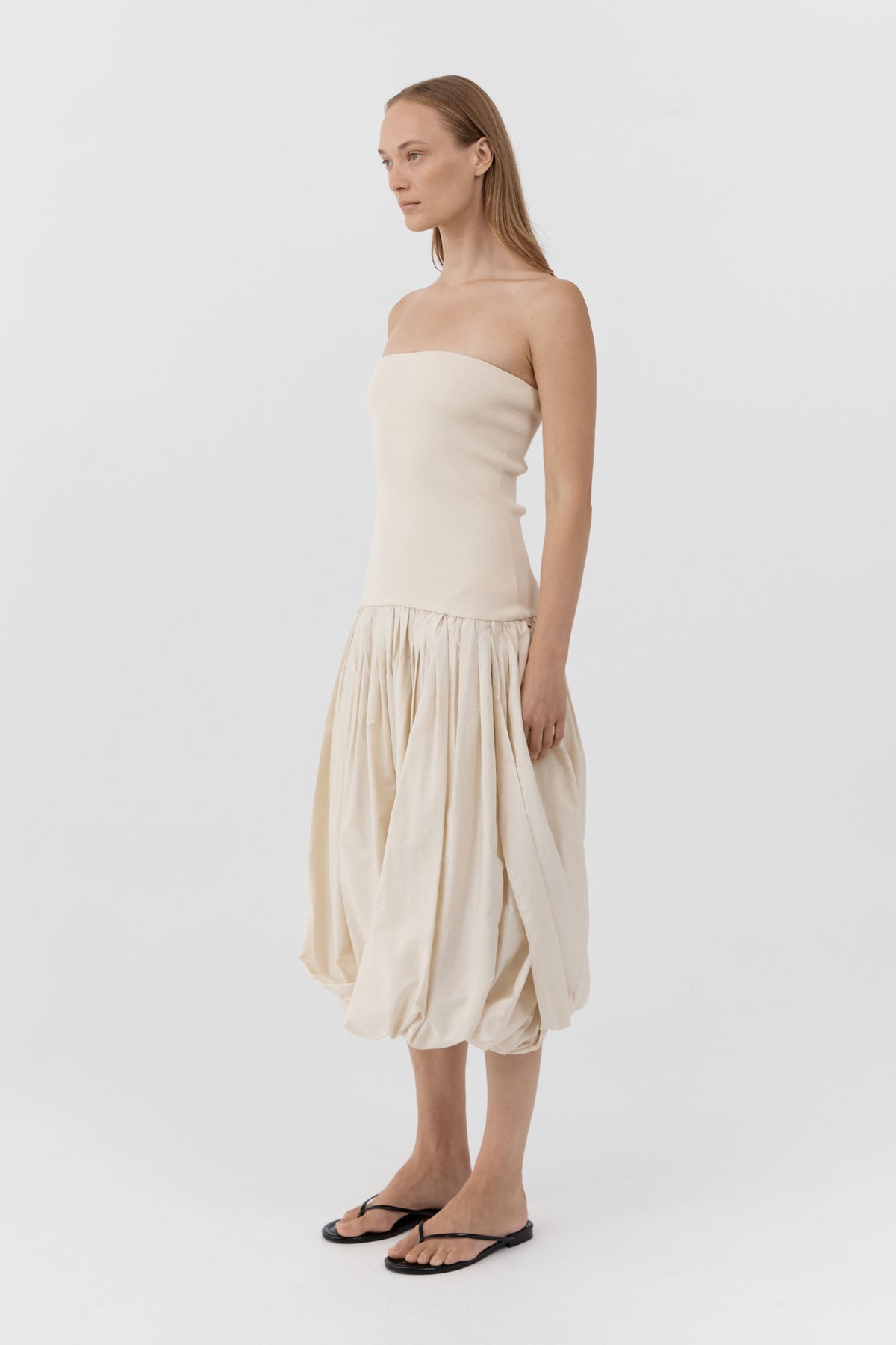 Raw Silk Asymm Balloon Dress - Cloud Cream