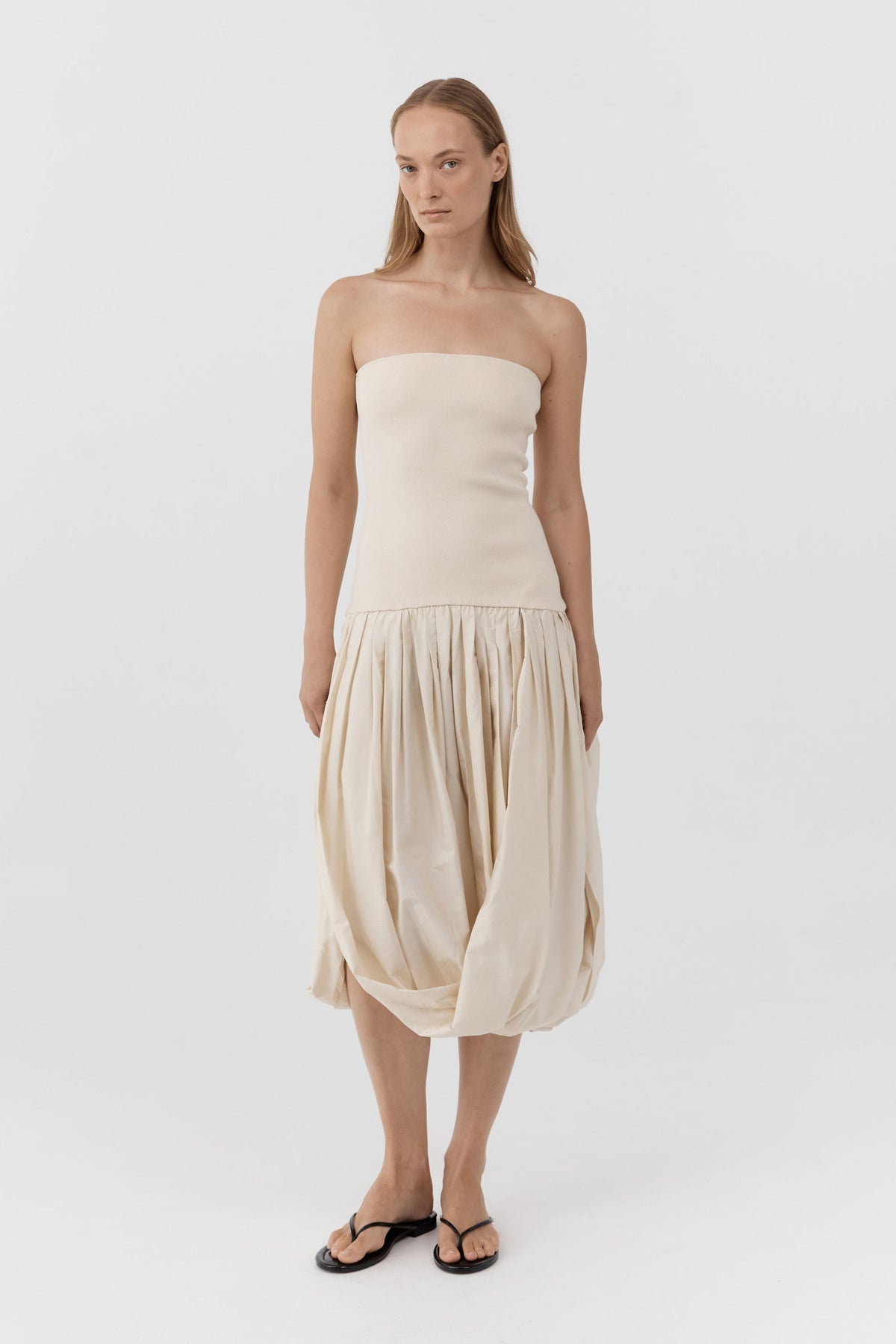Raw Silk Asymm Balloon Dress - Cloud Cream
