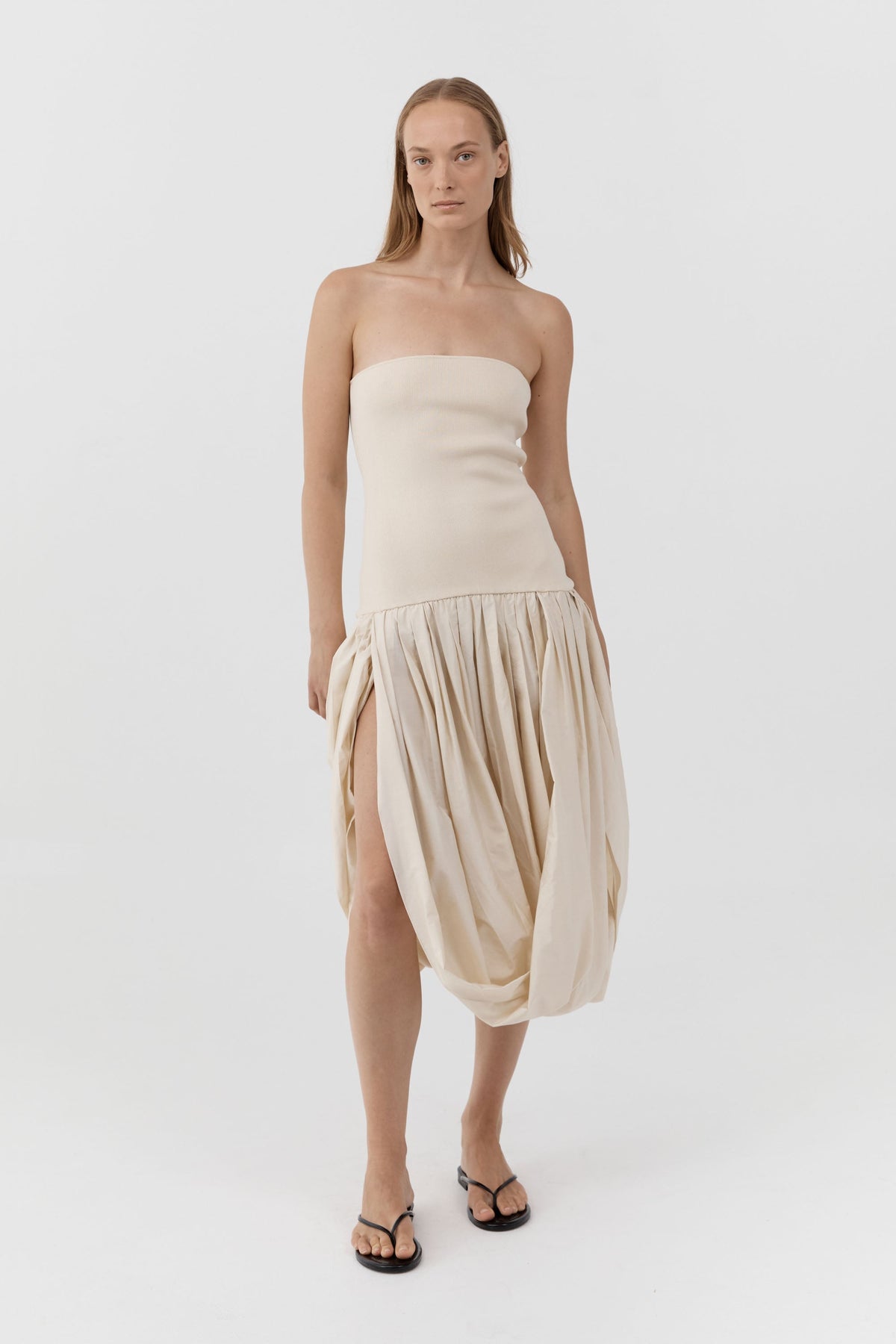 Raw Silk Asymm Balloon Dress - Cloud Cream