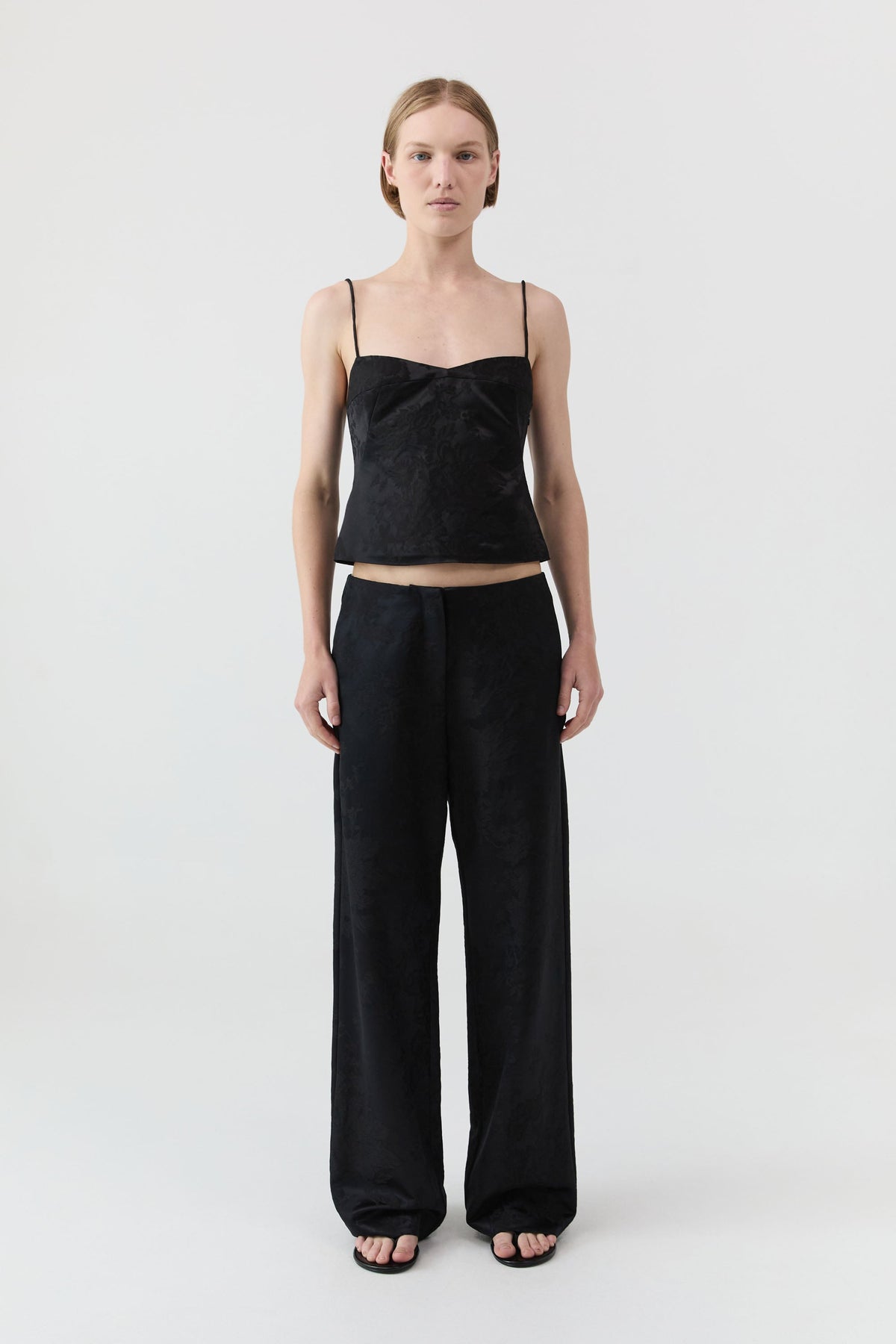 Silk Wool Jacquard Minimal Pants - Black