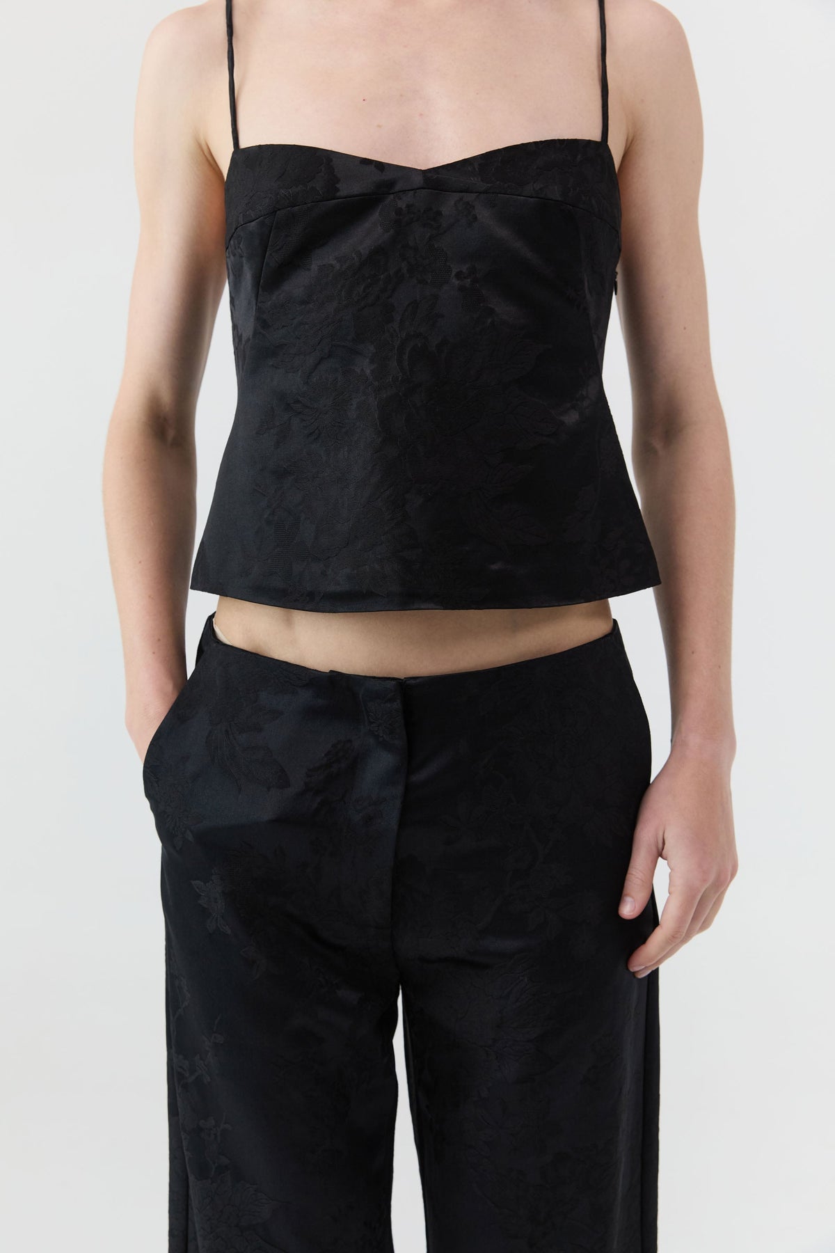 Silk Wool Jacquard Minimal Pants - Black