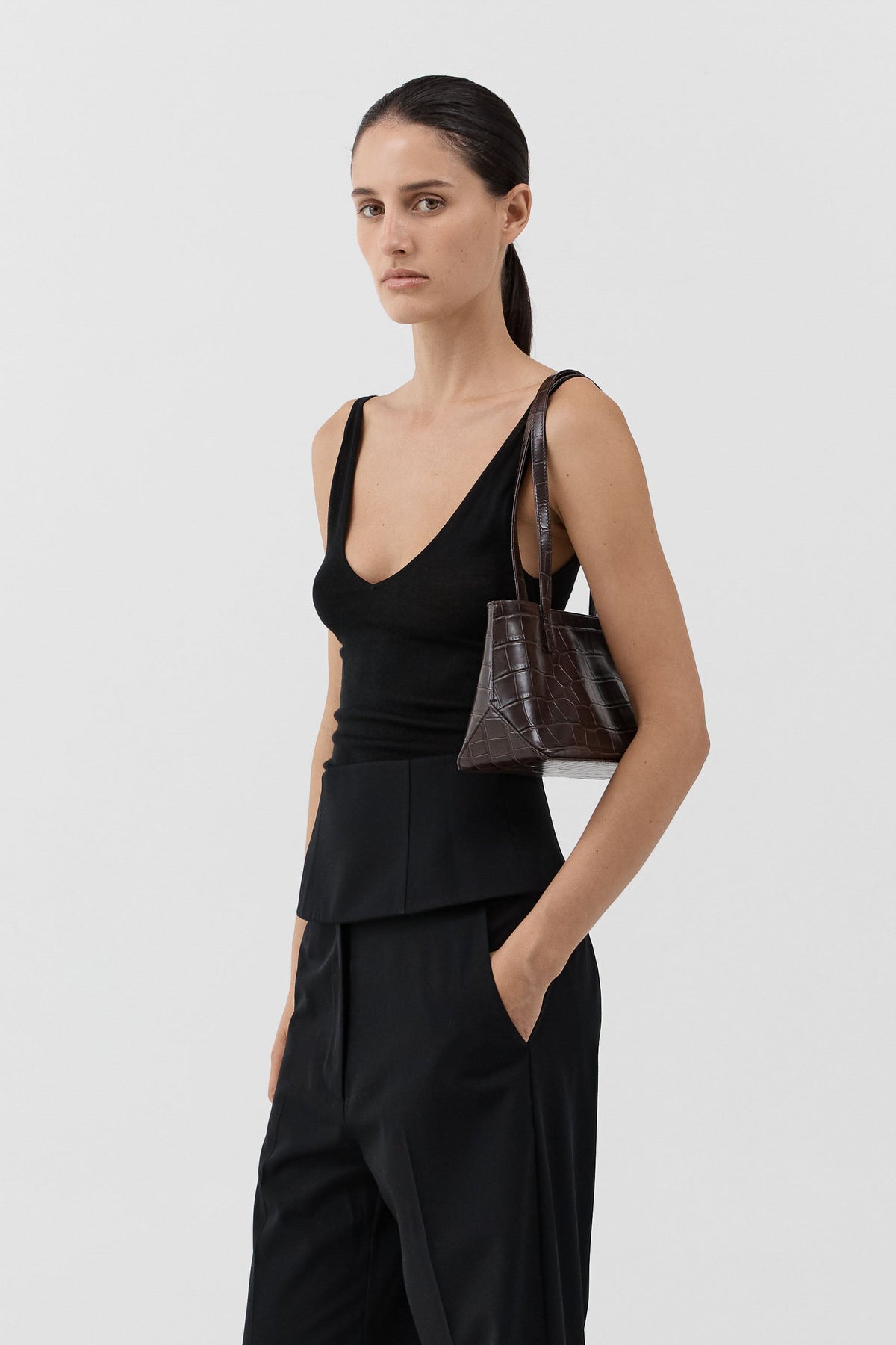 Slim Shoulder Bag - Croc Embossed Coffee