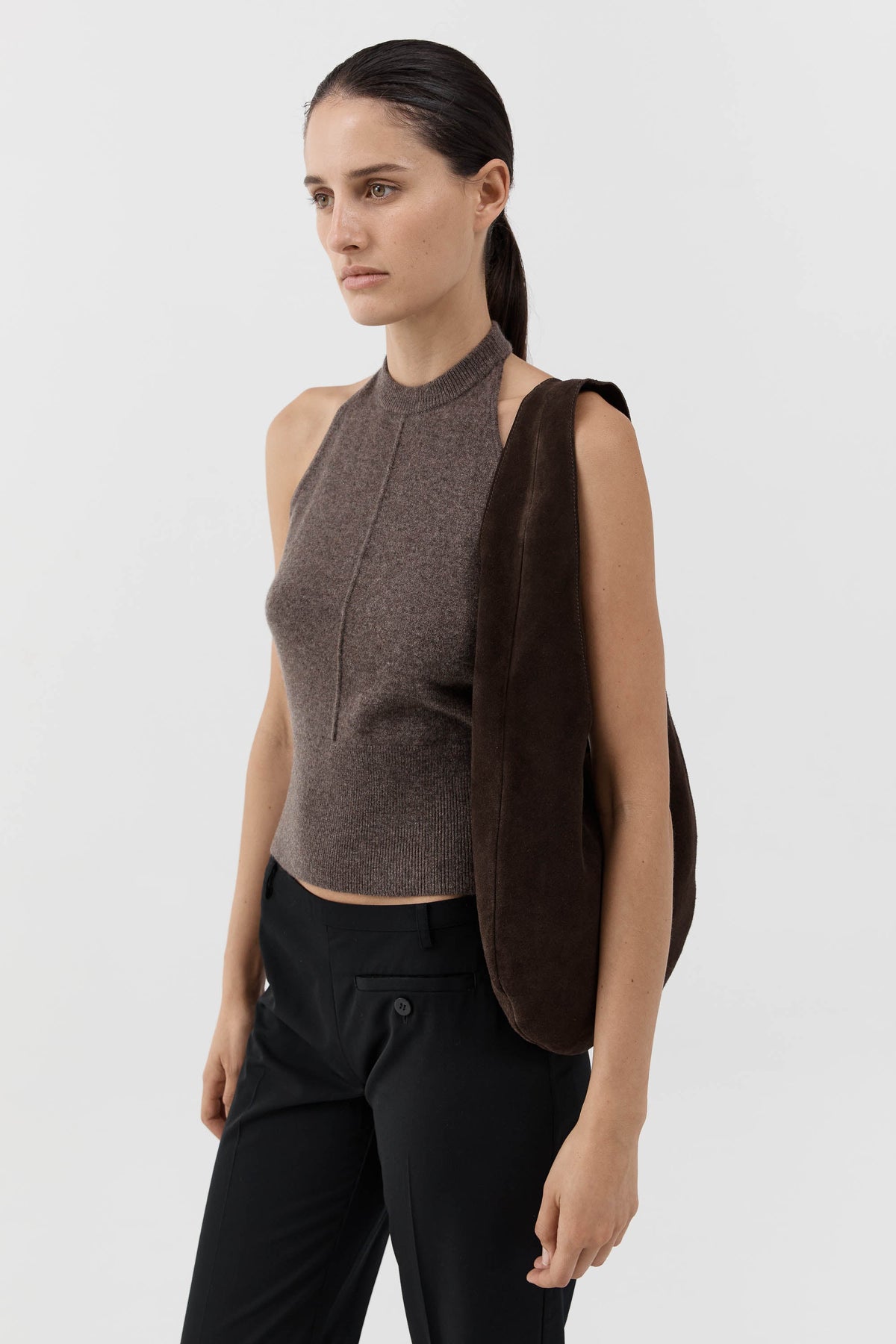 Soft Oval Shoulder Bag - Coffee Suede